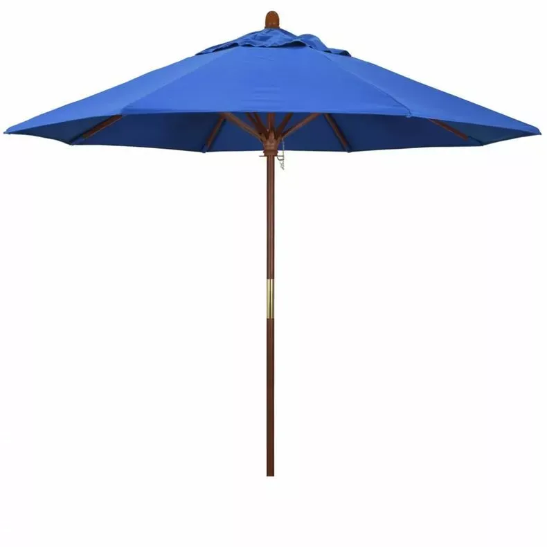California Marco 9 ft Premium Wood Market Push Up Umbrella Olefin Fabric, Royal Blue